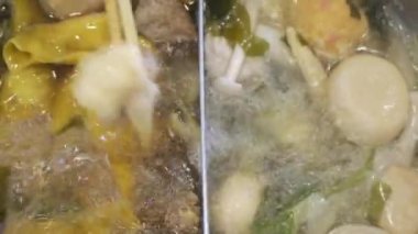 close up view to the hotpot shabu full view vegetable and mushroom. Asian food hotpot cooking