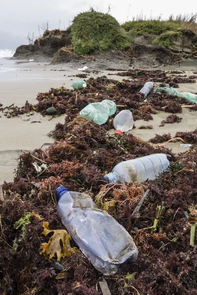 Bouteilles en plastique sur la plage — Photo