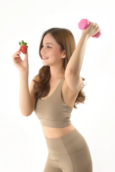 Pretty Asian Woman Dumbbell Strawberry White Background — Stock Photo, Image