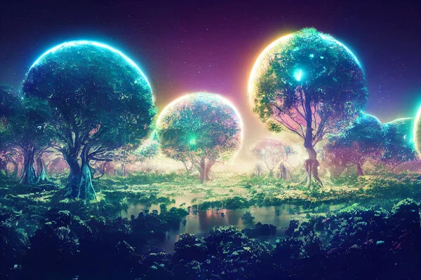 Illustration fantasy of neon forest. Glowing colorful look like fairytale.