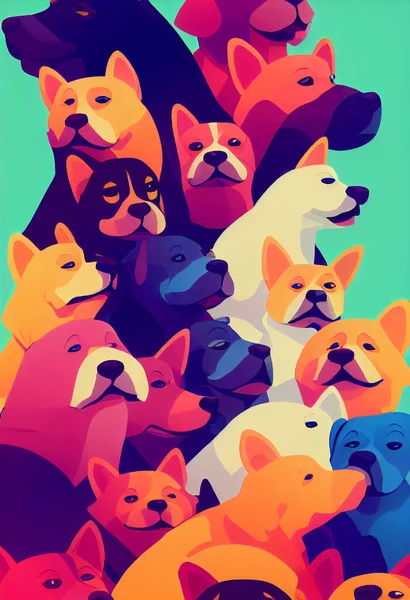 Group of cute dogs for wallpaper and graphic designs. 2D Illustration.