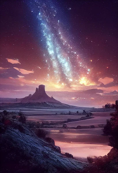 Illustration a beautiful milky way star and green aurora dancing over the mountain.
