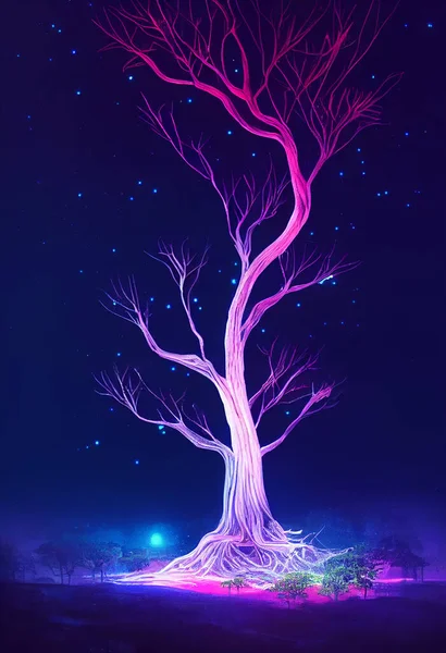 Illustration fantasy of neon forest. Glowing colorful look like fairytale.