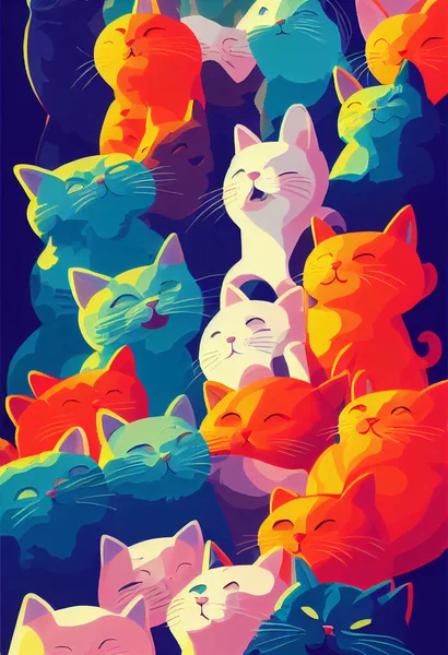 Group of cute cats for wallpaper and graphic designs. 2D Illustration.