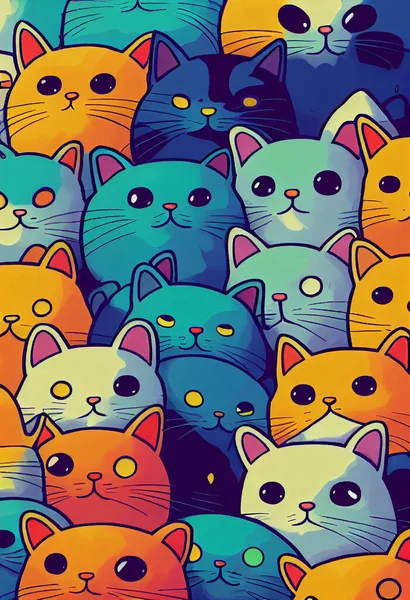 Group of cute cats for wallpaper and graphic designs. 2D Illustration.