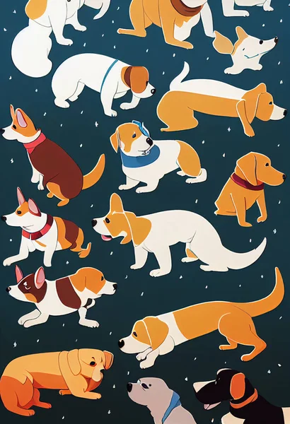 Group of cute dogs for wallpaper and graphic designs. 2D Illustration.