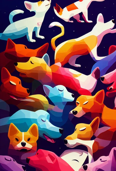 Group of cute dogs for wallpaper and graphic designs. 2D Illustration.