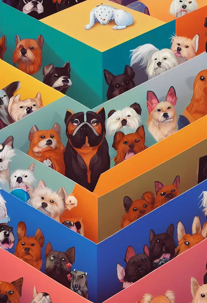 Group of cute dogs for wallpaper and graphic designs. 2D Illustration.