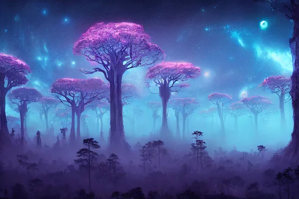 Illustration fantasy of neon forest. Glowing colorful look like fairytale.