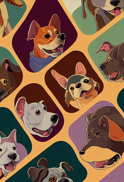 Group of cute dogs for wallpaper and graphic designs. 2D Illustration.