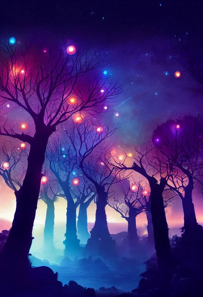 Illustration fantasy of neon forest. Glowing colorful look like fairytale.