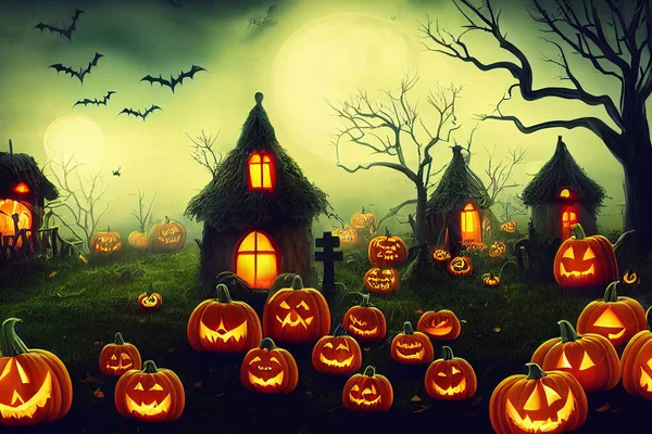 Halloween pumpkins in graveyard on the spooky Night. Halloween background concept.