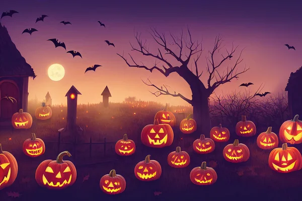 Halloween pumpkins in graveyard on the spooky Night. Halloween background concept.