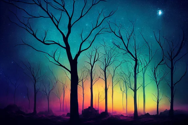 Fantasy of neon forest. Glowing colorful look like fairytale. 2D Illustration.