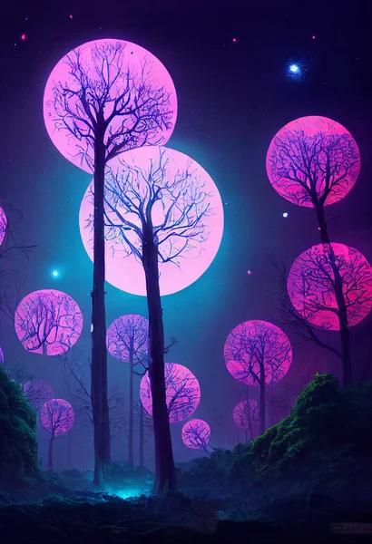 Fantasy of neon forest. Glowing colorful look like fairytale. 2D Illustration.