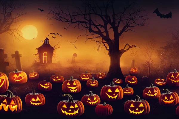 Halloween pumpkins in graveyard on the spooky Night. Halloween background concept.