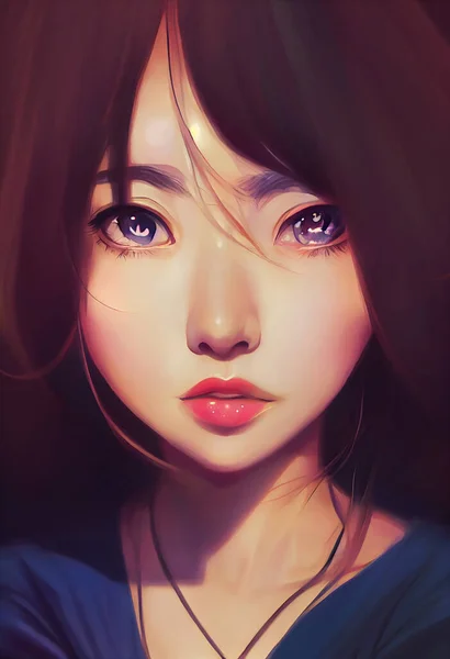 Portrait beautiful anime girl for avatar and computer graphic background. 2D Illustration.