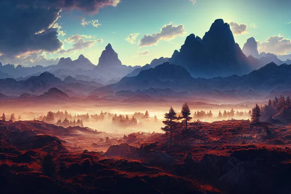 Amazing landscapes view of mountain with gold hour on sunrise morning. 2D Illustration.