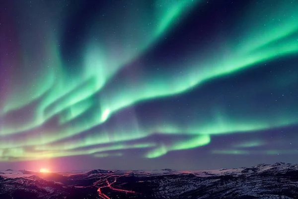 Aurora Borealis (Northern Lights), polar lights realistic 2D Illustration on night sky background.
