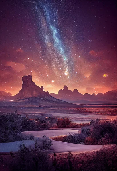 Illustration a beautiful milky way star and green aurora dancing over the mountain.