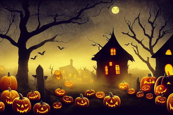 Halloween pumpkins in graveyard on the spooky Night. Halloween background concept.