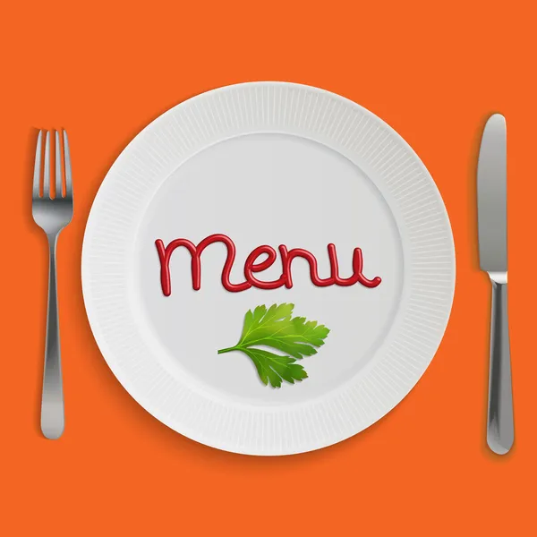 Carte de menu avec assiette, fourchette et couteau — Image vectorielle