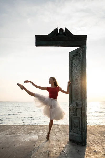 Балетная танцовщица позирует возле арт-объекта на берегу моря во время восхода солнца — стоковое фото