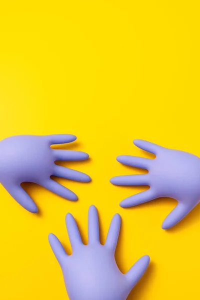 Closeup View Three Purple Inflated Latex Gloves Which Lie Vibrant — Stock Photo, Image