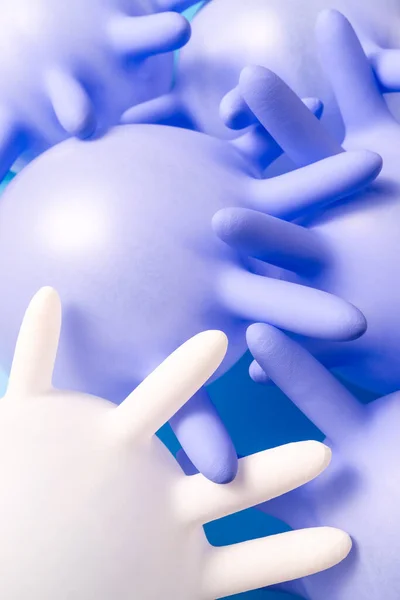 Een Witte Vijf Paarse Opgeblazen Latex Handschoenen Een Levendige Blauwe — Stockfoto