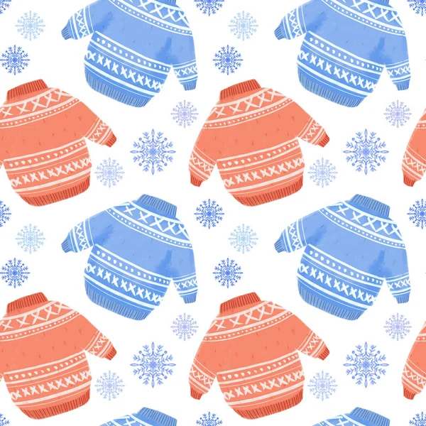 Naadloos patroon met illustratie van schattige blauwe en rode truien met sneeuwvlokken op een witte achtergrond — Stockfoto
