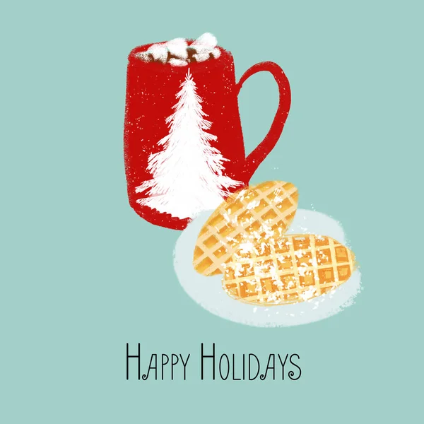 Warme cacao met marshmallows en wafels met tekst Happy Holidays — Stockfoto