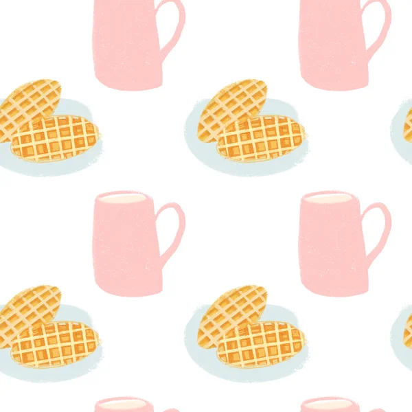 Padrão sem costura com copo rosa e waffles ilustração em um fundo branco — Fotografia de Stock