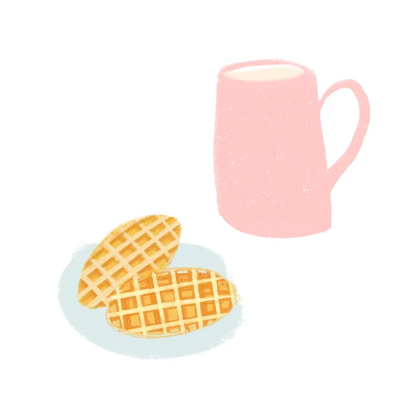 Desayuno taza rosa y gofres ilustración aislada sobre fondo blanco —  Fotos de Stock