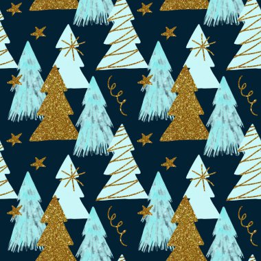 Sulu boya tarzında mavi köknar çizimi ve koyu arkaplanda altın desenli, altın kar taneli ve yıldızlı köknar resimli Noel tatili kusursuz deseni.