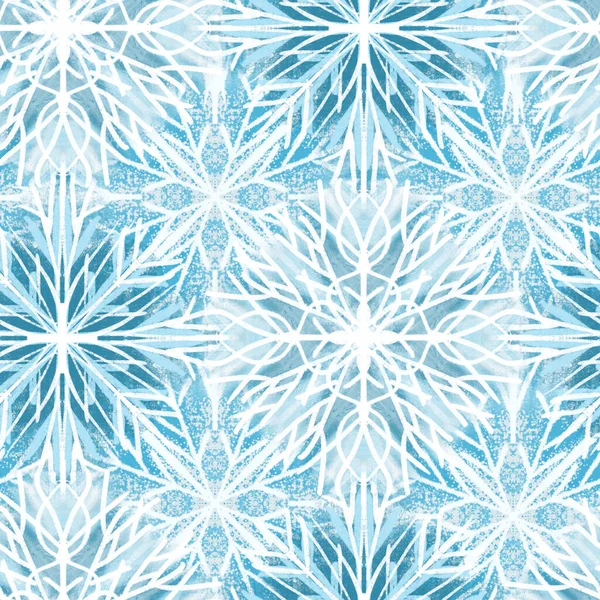 Padrão sem costura com ilustração de flocos de neve texturais estilizados em azul — Fotografia de Stock