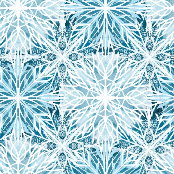 Padrão sem costura com ilustração de flocos de neve texturais estilizados em azul — Fotografia de Stock