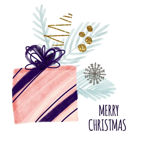 Gift illustration in pink color watercolor style with blue lihgt branches with snowflake golden texture on white background. Merry Christmas — Stock Photo, Image