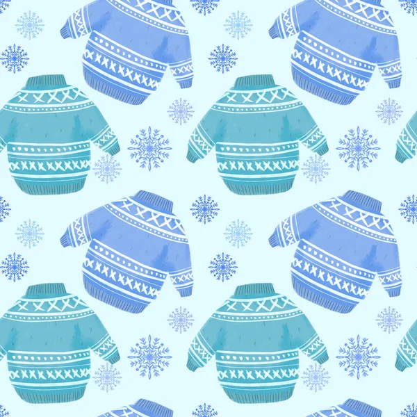 겨울 옷걸이의예와 바다없는 패턴 - 흰색 배경에 눈송이와 푸른 색조 - — 스톡 사진