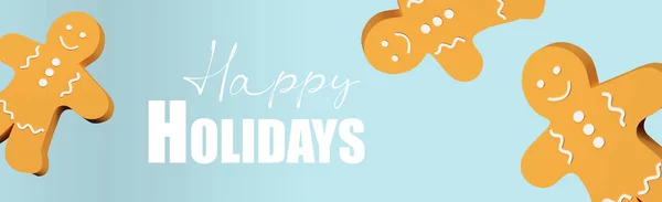Natal 3d renderizar banner com biscoitos de Natal Gingerbread Man no fundo azul com texto Boas Festas — Fotografia de Stock