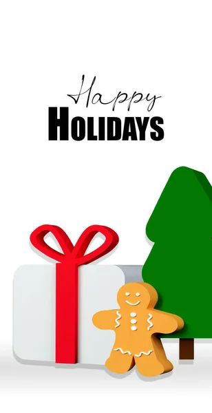 Újévi és karácsonyi 3D illusztráció karácsonyi mézeskalács Man cookie-k, fenyő fa és ajándék doboz fehér háttér szöveges Boldog Ünnepeket — Stock Fotó