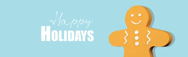 クリスマス3Dレンダリングバナー付きクリスマスジンジャーブレッドマンテキストと青の背景にクッキー｜Happy Holidays — ストック写真