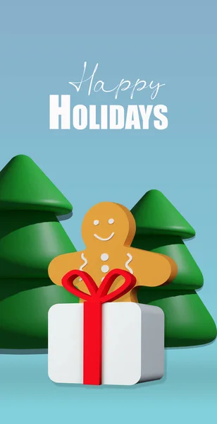 Nowy rok i Boże Narodzenie 3d renderowania baner lub kartka z Christmas Gingerbread Man ciasteczka, choinka i pudełko na niebieskim tle z tekstem Happy Holidays — Zdjęcie stockowe