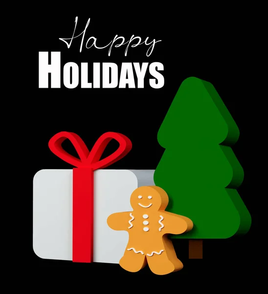 Χριστούγεννα 3d καθιστούν την απεικόνιση ελάχιστη χριστουγεννιάτικη διακόσμηση με δέντρο, μπισκότα, κουτί δώρου σε μαύρο φόντο — Φωτογραφία Αρχείου