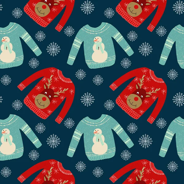 Seamless pattern with ugly sweaters illustration. Sweaters with deer and snowman on a dark background with snowflakes — Stok fotoğraf