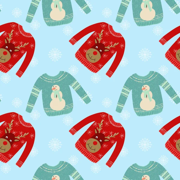 Seamless pattern with ugly sweaters illustration on a light blue background with snowflakes — Stok fotoğraf