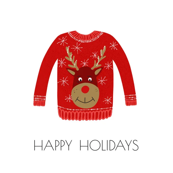 Illustration of ugly sweater with deer and snowflakes isolated on white background with the text Happy holidays — Fotografia de Stock