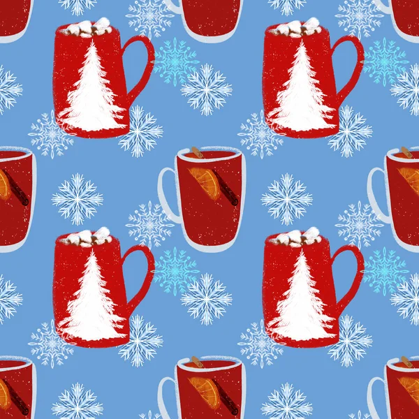 Naadloos patroon met glühwein en warme cacao met marshmallows sneeuwvlokken illustratie op een blauwe achtergrond — Stockfoto