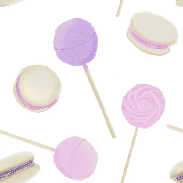 Pembe menekşe renkli şekerlemelerin çizimleriyle kusursuz desen — Stok fotoğraf