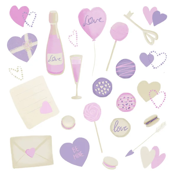 Set di illustrazioni di San Valentino in viola rosa con caramelle, cuore, lettere d'amore — Foto Stock