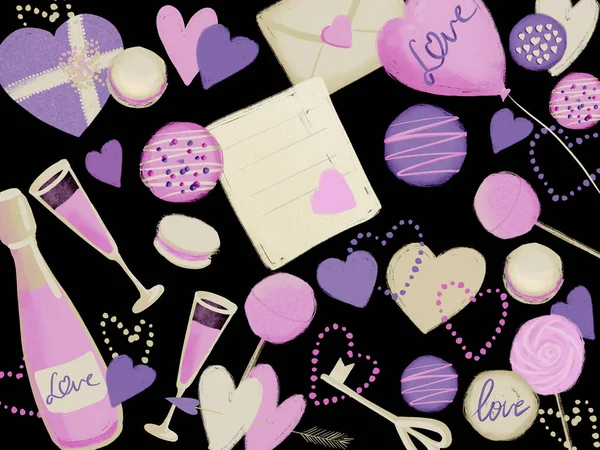 Biglietto romantico con illustrazione d'amore per le congratulazioni per San Valentino in colore rosa e viola su sfondo nero — Foto Stock